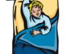 Person sleeping in bed with arm raised and blanket pulled up to chest (cartoon illustration)