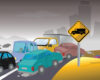 Traffic jam on a highway with several cars, a yellow truck-warning sign on a post, and a city skyline in the background.