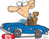Cartoon of a man in a suit driving a blue car, with a fallen red stop sign nearby.