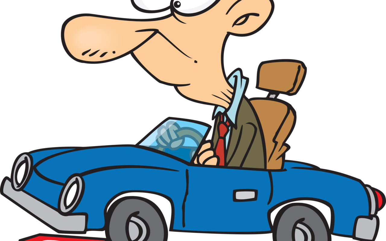 Cartoon of a man in a suit driving a blue car, with a fallen red stop sign nearby.