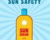Yellow sunscreen bottle with sun icon and SPF text promoting sun safety.