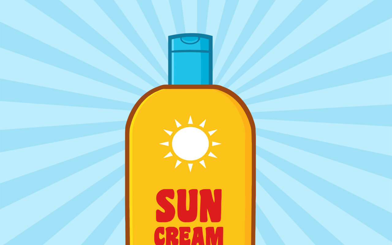 Yellow sunscreen bottle with sun icon and SPF text promoting sun safety.