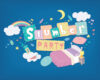 Whimsical bedroom party scene: bed, pillows, nightstand, clouds, moon and a rainbow with colorful blocks spelling 'Summer Party'.