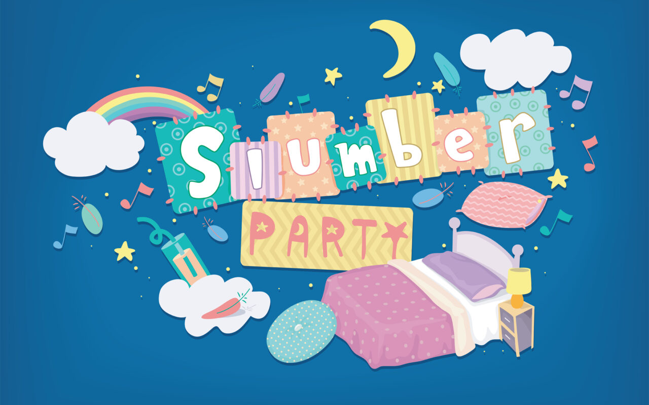 Whimsical bedroom party scene: bed, pillows, nightstand, clouds, moon and a rainbow with colorful blocks spelling 'Summer Party'.