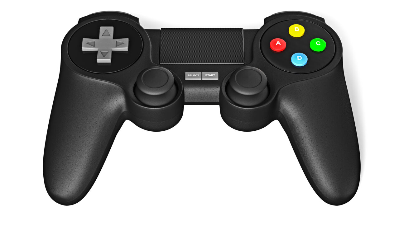 Black game controller with D-pad, two joysticks, and colored A B C D buttons on the right