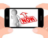 Handheld smartphone screen shows a 3D figure moving toward a bold red 'NOW' stamp, implying urgency/ immediacy. Read as a call to action on a mobile device.