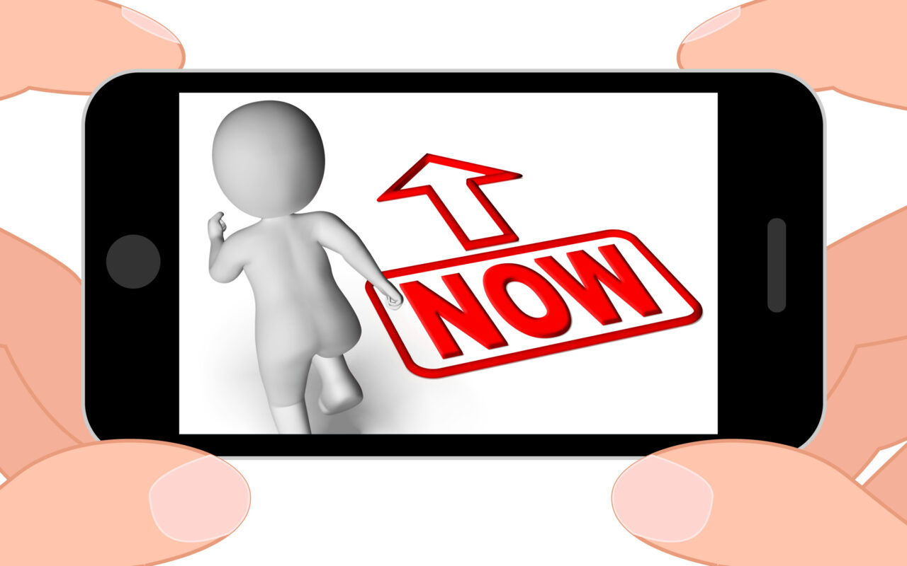 Handheld smartphone screen shows a 3D figure moving toward a bold red 'NOW' stamp, implying urgency/ immediacy. Read as a call to action on a mobile device.