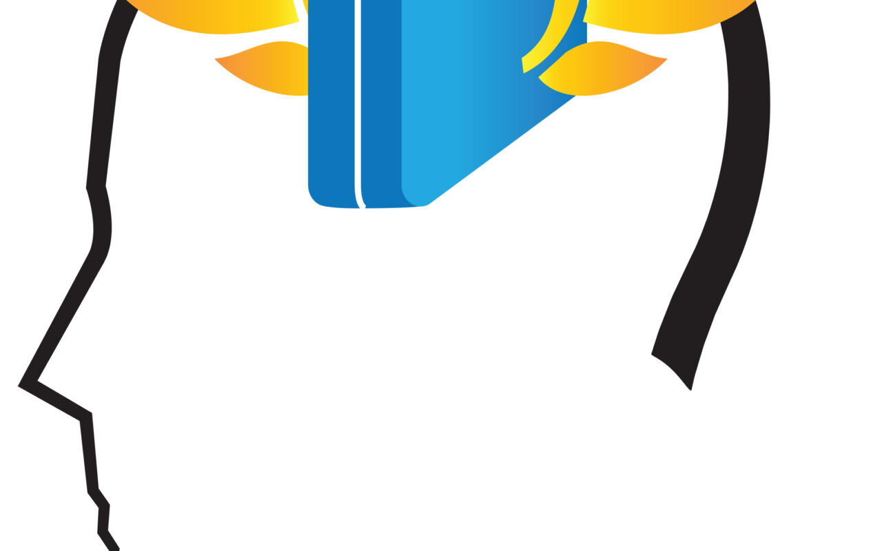 Silhouette of a head in profile with a blue briefcase and yellow wings hovering above, symbolizing ideas, creativity, or rapid thinking.