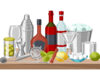 Bar toolkit on a wooden counter with bottles, shaker, jigger, strainer, glassware, lemon, mint, sugar, and ice bucket.