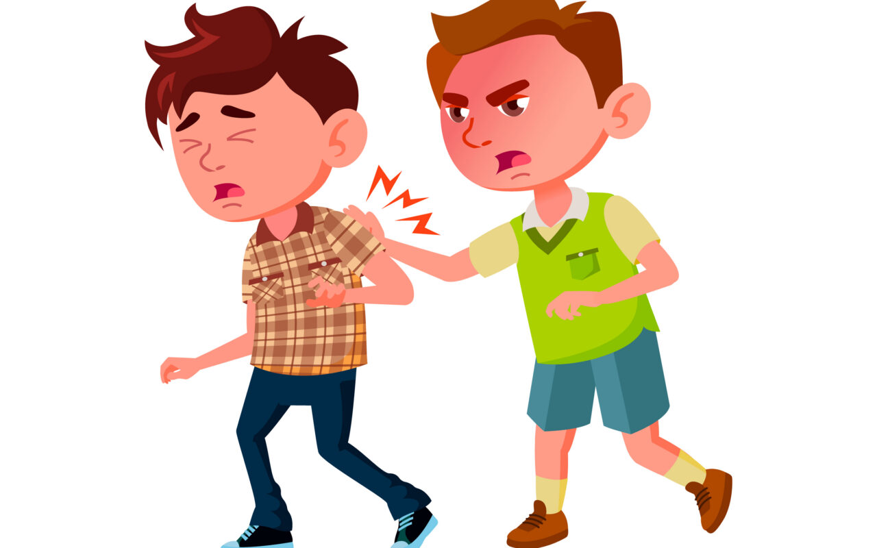 Cartoon of a boy in a green vest punching another boy in a plaid shirt, who winces in pain, illustrating bullying.