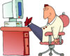 Cartoon of a person relaxing at a desk, feet on the desk, using a bulky desktop computer with a CRT monitor.
