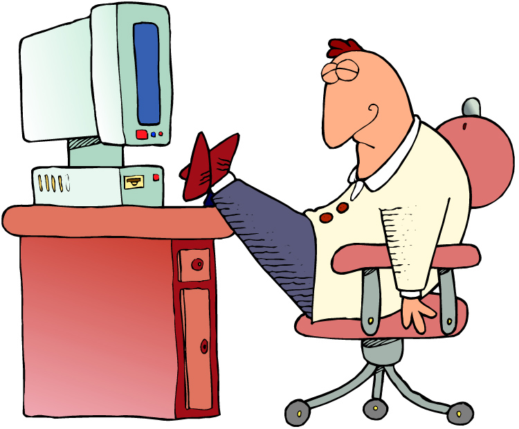 Cartoon of a person relaxing at a desk, feet on the desk, using a bulky desktop computer with a CRT monitor.