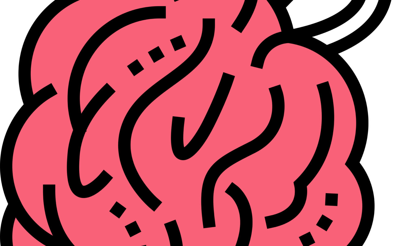 Pink cartoon brain with bold black outline and a loop at the top like a keychain.