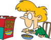 Cartoon boy with blonde hair eating a bowl of cereal beside a red box labeled 'Sugar High'.