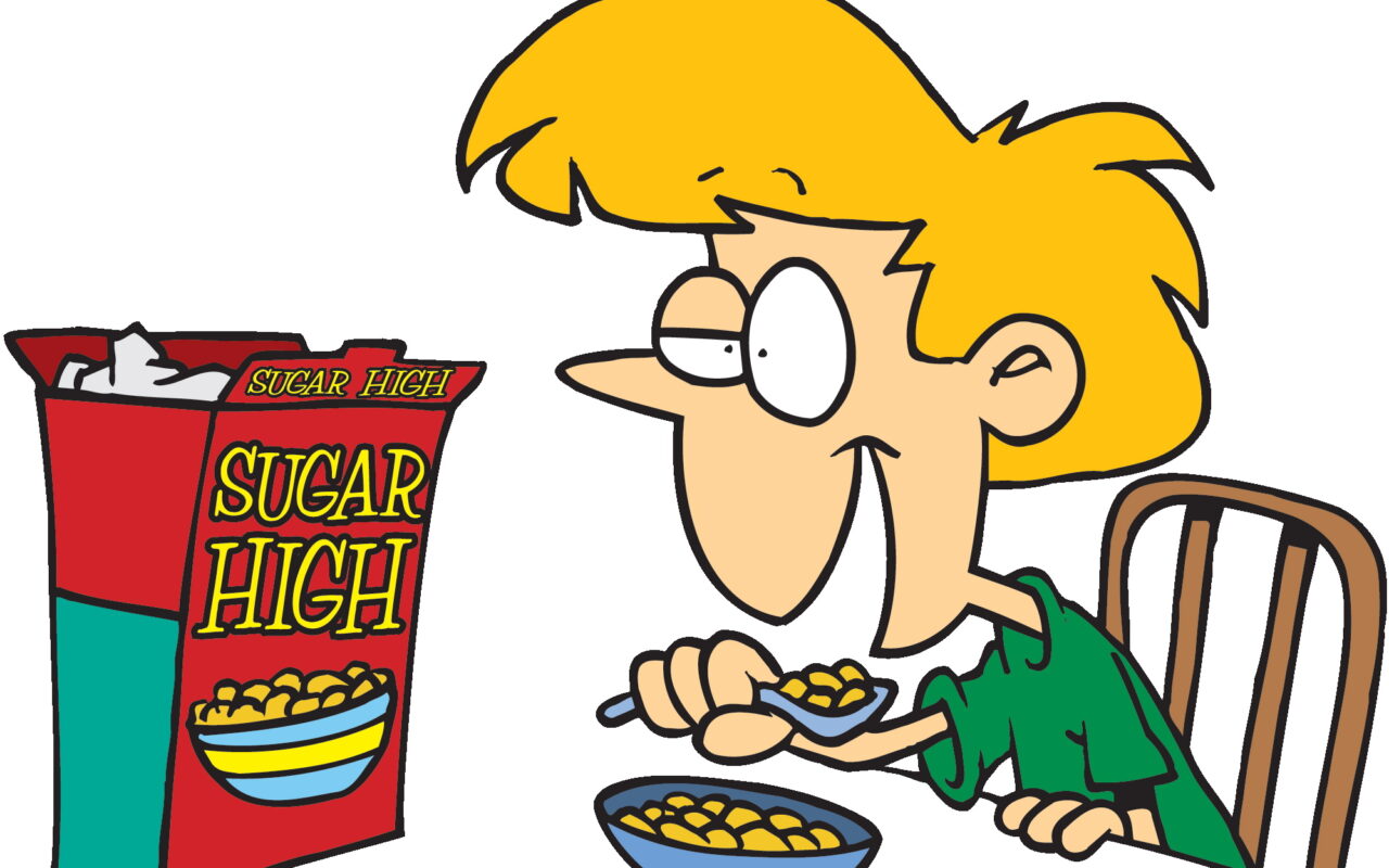 Cartoon boy with blonde hair eating a bowl of cereal beside a red box labeled 'Sugar High'.