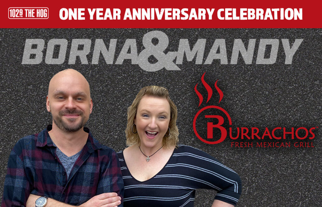 Banner for Burrachos Fresh Mexican Grill celebrating its one-year anniversary, featuring Borna and Mandy with the Burrachos logo on the right.