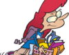 Cartoon woman with red hair pushing a shopping basket filled with groceries.
