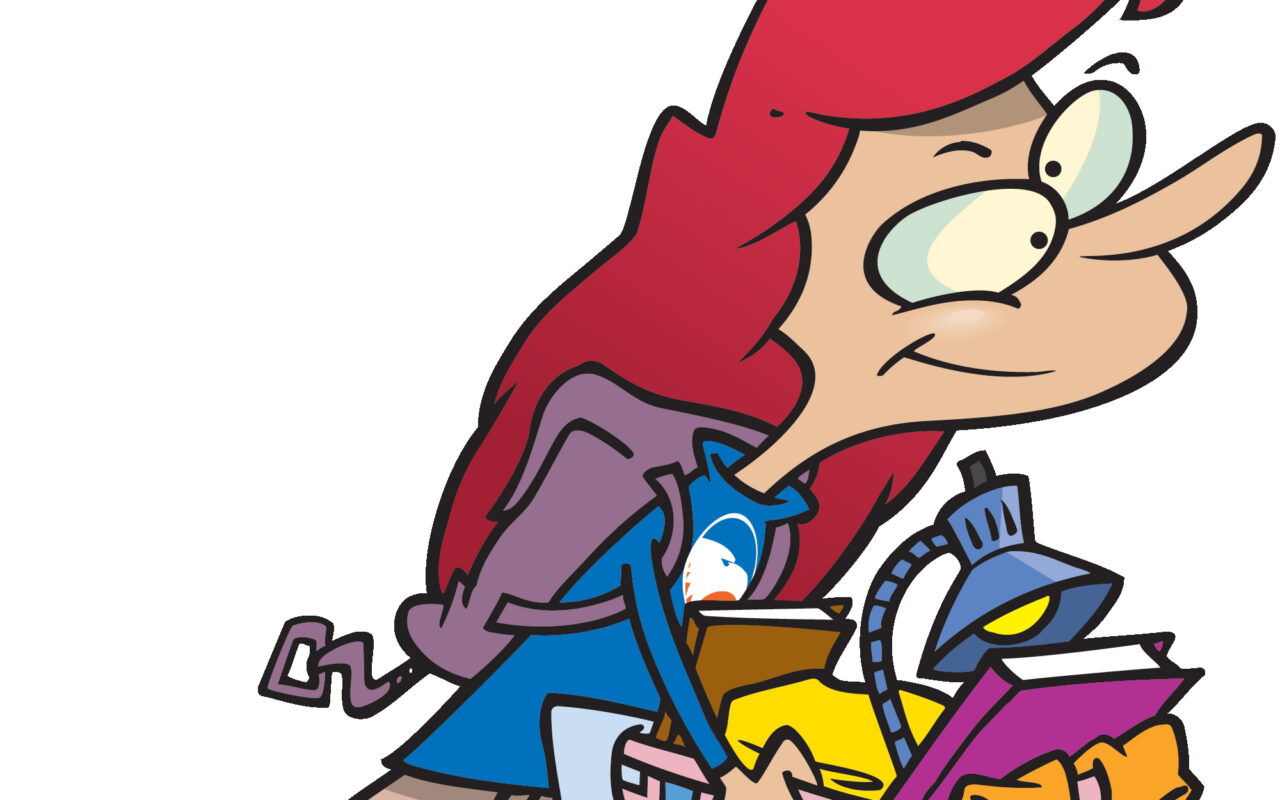 Cartoon woman with red hair pushing a shopping basket filled with groceries.