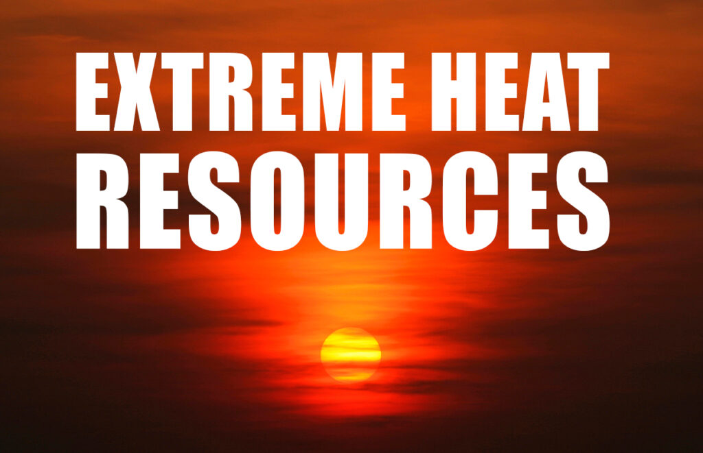 Banner with the headline 'EXTREME HEAT RESOURCES' in bold white text over an orange-red sunset background.