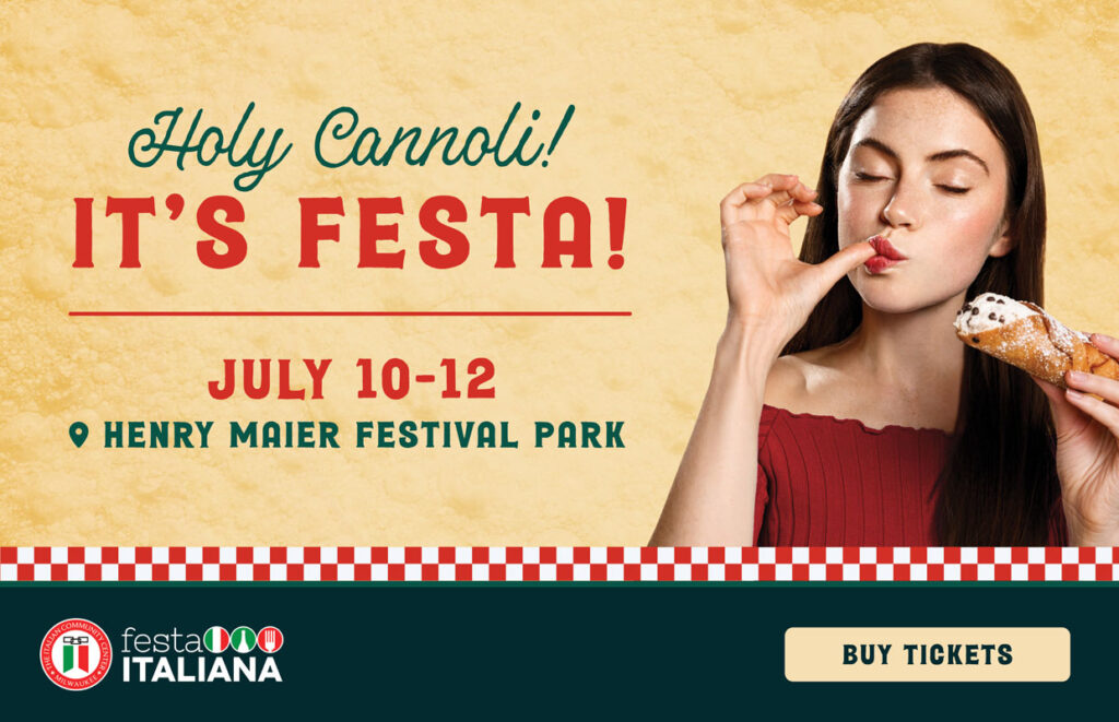 Promotional banner for Festa Italiana: dates July 10–12 at Henry Maier Festival Park, featuring a woman eating an ice cream cone.