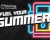 Bold white text 'FUEL YOUR SUMMER' across a dark background, with colorful neon shapes and the small logo 'Painting By Christopher' in the top-left, implying a summer promotion for a paint brand.