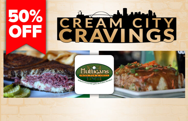 Promotional banner for Cream City Cravings: 50% off, featuring a beef sandwich, a sauced dish, and the Mulligans logo.