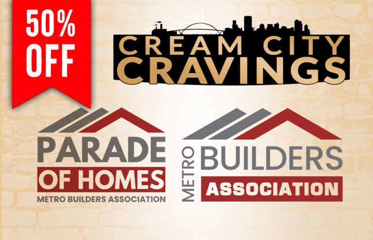 Red 50% OFF banner with Cream City Cravings and Parade of Homes / Metro Builders Association logos on a beige brick wall.