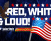 Patriotic banner with an eagle on the left, stars, the US flag, and bold text 'RED, WHITE, & CLOUD!' plus ValorTech and Freedom Fireworks logos.