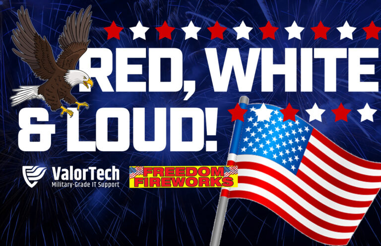 Patriotic banner with an eagle on the left, stars, the US flag, and bold text 'RED, WHITE, & CLOUD!' plus ValorTech and Freedom Fireworks logos.