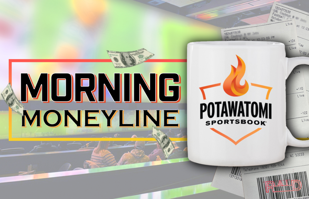 Promotional banner for Morning Moneyline with a white mug displaying Potawatomi Sportsbook logo, dollar bills, and a blurred sports arena backdrop.