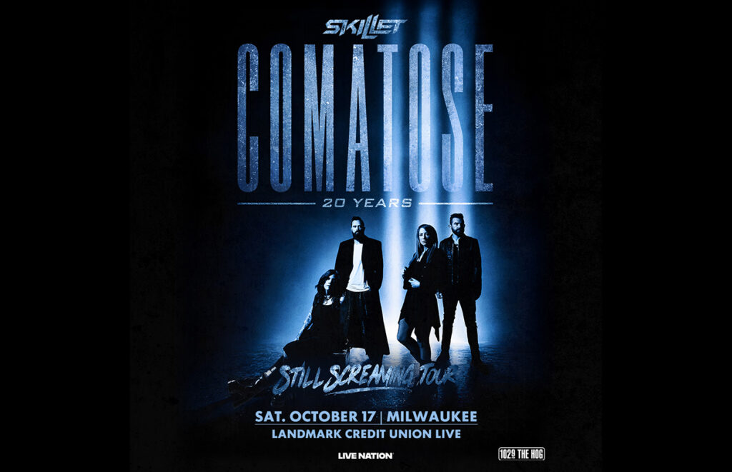 Skillet concert poster for Comatose 20 Years Still Screaming Tour with four band members in blue light scene on a dark background
