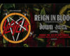 Poster for Slayer's 'Reign in Blood' show with an orange ring logo and date: Friday Sept 4 at Mystic Lake Amphitheater in Shakopee, MN (dark artwork background).