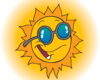 Sunny cartoon sun wearing blue sunglasses, smiling playfully.