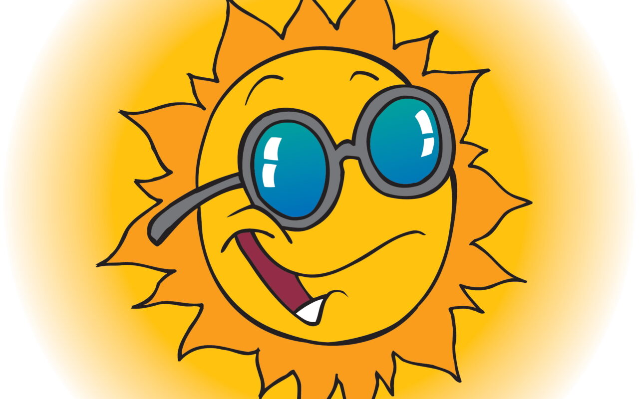 Sunny cartoon sun wearing blue sunglasses, smiling playfully.