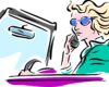 Stylized illustration of a woman with blonde hair in a teal jacket, talking on a cellphone beside a computer monitor.