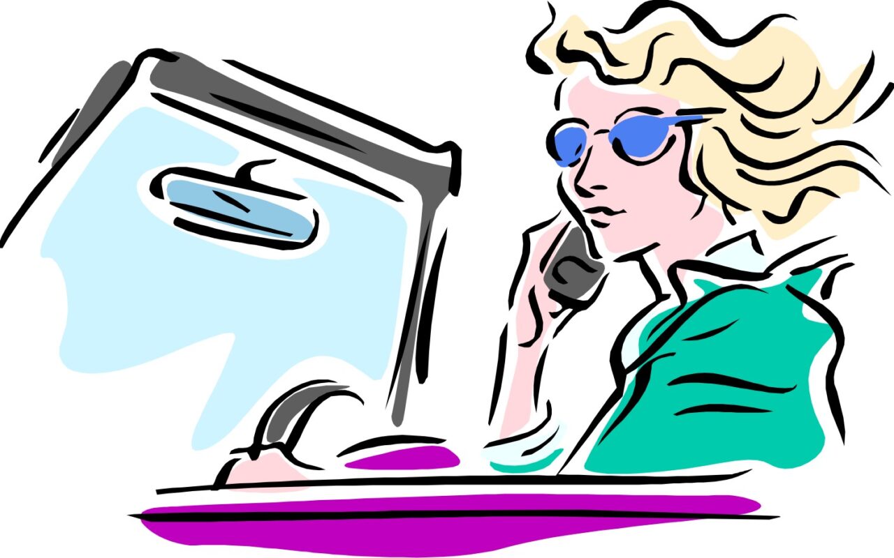 Stylized illustration of a woman with blonde hair in a teal jacket, talking on a cellphone beside a computer monitor.