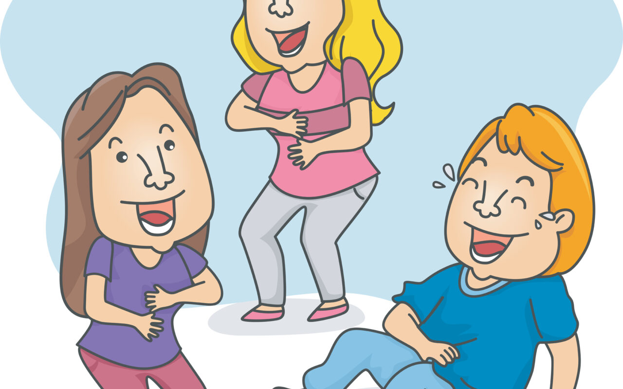 Three children dancing and laughing together on a pale blue backdrop? (informative: group fun)