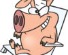Playful cartoon pig lounging on a reclining chair, grinning and holding a clipboard/notepad-like item.