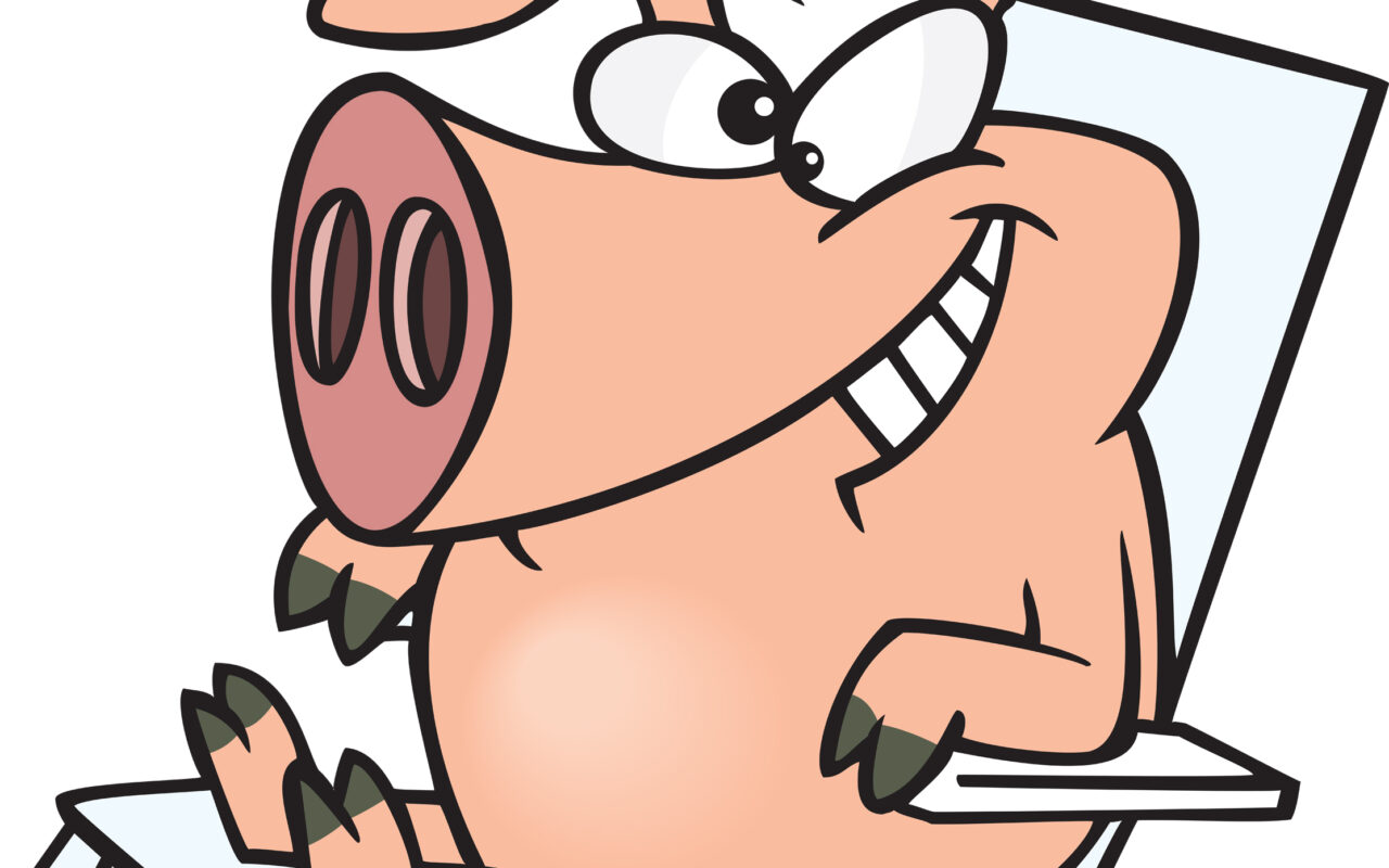 Playful cartoon pig lounging on a reclining chair, grinning and holding a clipboard/notepad-like item.