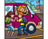 Two kids with backpacks confront each other at the side of a purple van while a woman driver watches from the window of the van.