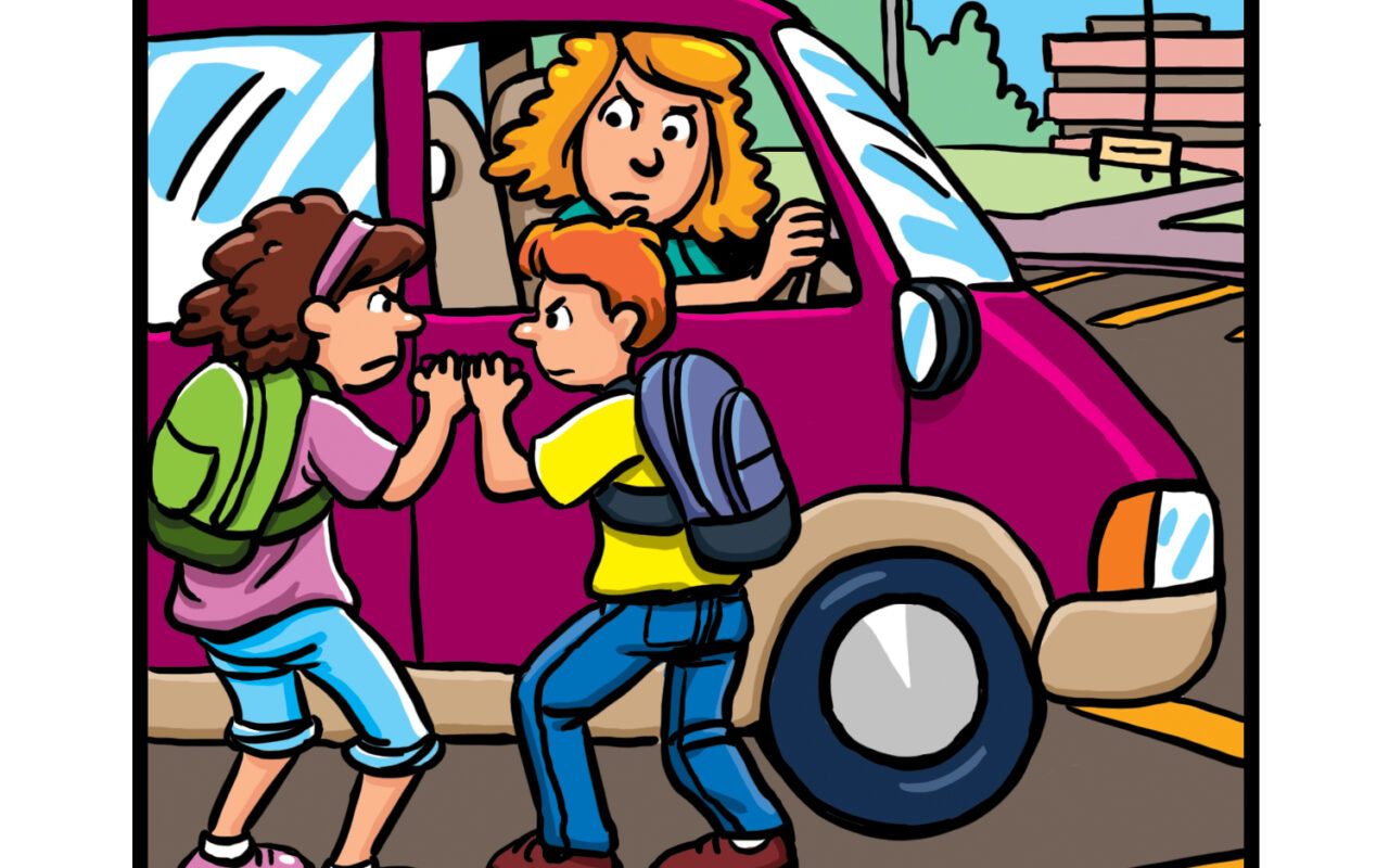 Two kids with backpacks confront each other at the side of a purple van while a woman driver watches from the window of the van.