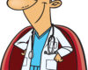Cartoon doctor superhero wearing a white coat and blue scrubs, with stethoscope, cape, and confident stance.