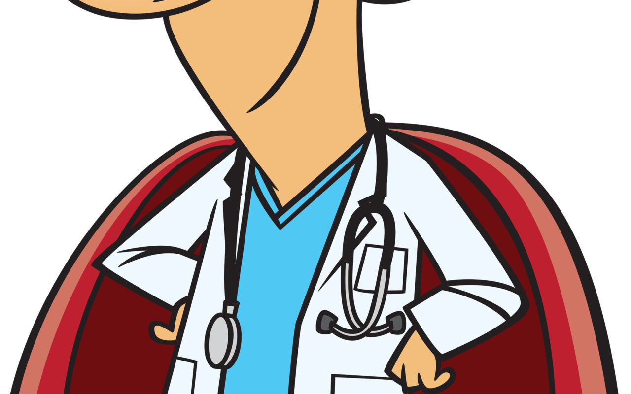 Cartoon doctor superhero wearing a white coat and blue scrubs, with stethoscope, cape, and confident stance.