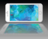 Stylized white smartphone with a blue-green geometric screen and a mirrored reflection below.
