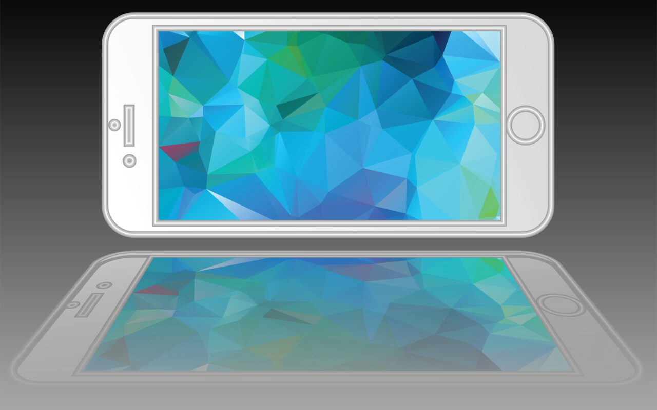 Stylized white smartphone with a blue-green geometric screen and a mirrored reflection below.