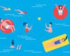 Bright blue pool scene with multiple swimmers, floats, and a yellow floating mat; people are diving, swimming, and lounging in the water.