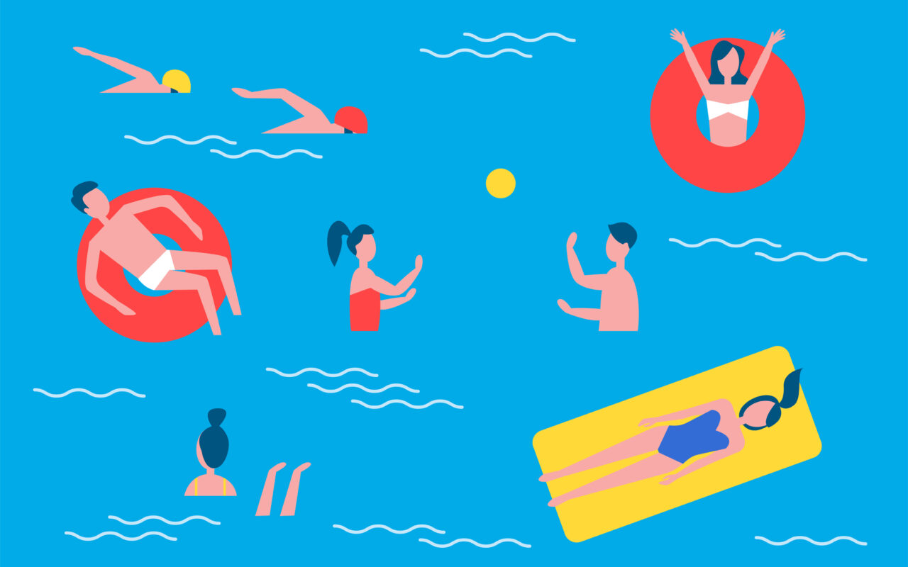 Bright blue pool scene with multiple swimmers, floats, and a yellow floating mat; people are diving, swimming, and lounging in the water.