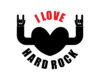 Logo with a black heart and arms forming rock hand signs on both sides, 'I LOVE' in red above and 'HARD ROCK' curved below.
