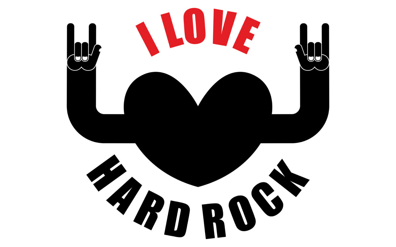 Logo with a black heart and arms forming rock hand signs on both sides, 'I LOVE' in red above and 'HARD ROCK' curved below.