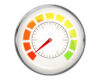 Circular gauge with a red needle pointing toward the red danger zone on a color-coded red-to-green scale